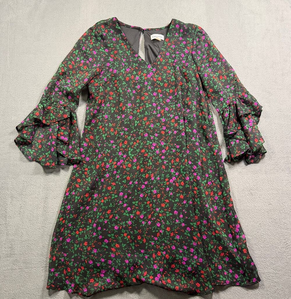 Calvin‎ Klein Dress Womens 2 Black Pink Floral V Neck Tiered Ruffle Sleeve Shift